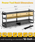 Large Power Tool Organizer Wall Mount Four Layer Beefy Heavy Duty Steel Rack with 400lbs Capacity diagram and measurements
