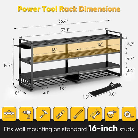 Large Power Tool Organizer Wall Mount Four Layer Beefy Heavy Duty Steel Rack with 400lbs Capacity diagram and measurements