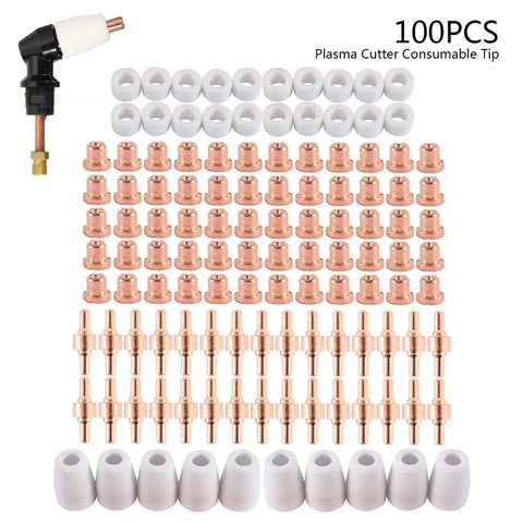 Top Tier Plasma Cutter Consumables And Spares Kit With 100 Electrodes Plus Nozzles For PT31 CUT30 40 50 Torch arranged for easy access.
