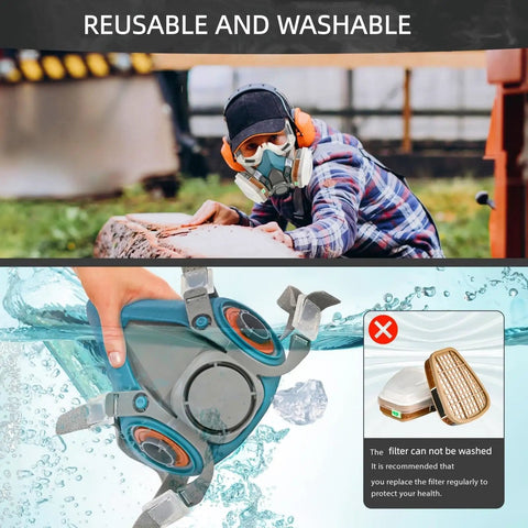Blue Reusable Half Face Mask For Painting, Polishing, Spraying, Sanding And Welding Soft Silicone Comfort Fit in use and washing