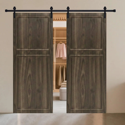 Top Tier Double Sliding Barn Door With Track And Complete Hardware Set For Closets Slick Slide, HDF core, closed closet view.