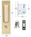 Privacy Pocket Door Lock With Key And Handle, 7 Inch Brushed Gold Invisible Rectangular Edge Pull, For Bathroom And Bedroom, Durable Zinc Alloy Pocket Door Hardware Set, Smooth Operation And Easy Install.