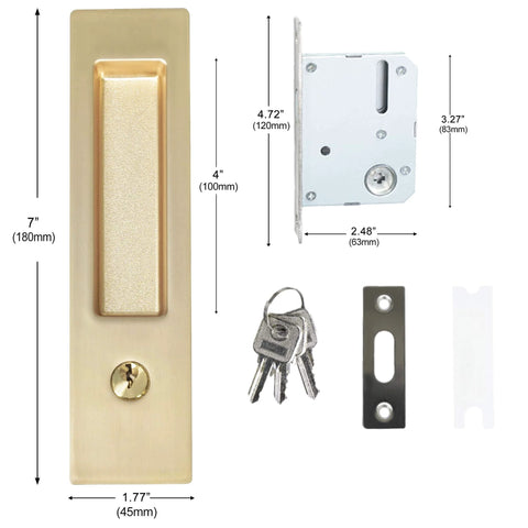 Privacy Pocket Door Lock With Key And Handle, 7 Inch Brushed Gold Invisible Rectangular Edge Pull, For Bathroom And Bedroom, Durable Zinc Alloy Pocket Door Hardware Set, Smooth Operation And Easy Install.