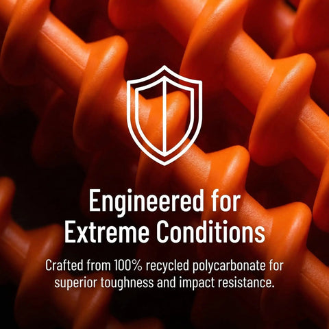 Close-up of 100% recycled polycarbonate material for Beefy Ground Anchors For Heavy Duty Screw In Tent Stakes Built For High Wind And Loose Sand Perfect For Canopies, Shade Shelters, RV Awnings, Dogs, Trampolines, And More With T Grip Tool Included Two Pack showing durability and toughness.