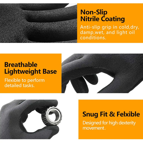 Grip Ready MicroFoam Nitrile Coated Work Gloves, Seamless Knit Nylon Bulk Pack, 12 pairs for men and women, detail of key features
