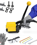 Heavy Duty Manual Steel Strapping Tool Adjustable Hand Tensioner Crimper And Cutter For 3/4 Inch Steel Banding Machine in use with safety gloves.