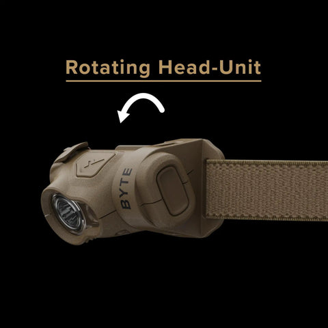 Byte Tactical LED Headlamp Lightweight Compact Hands Free Lighting With White And Red Beam Options Durable Tan Rotating Head