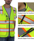 High Visibility Work Safety Vest ANSI Class 2 Yellow Mesh With Pockets And Zipper Padded Neck For All Day Comfort