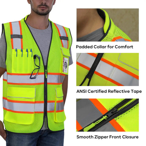 High Visibility Work Safety Vest ANSI Class 2 Yellow Mesh With Pockets And Zipper Padded Neck For All Day Comfort