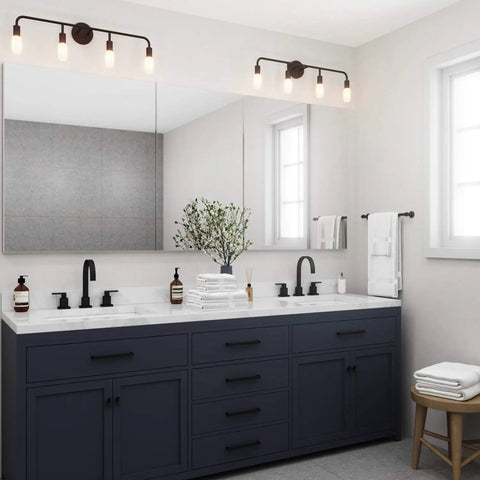 4-Light Matte Black Vanity Light For Bathroom Over Mirror, 30-Inch, E26 Socket, 60 W Max, installed above double sink vanity