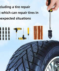 Tesla Jack Pads Set For Model Y 3 S X With Four Durable Rubber Pucks And Storage Case Lifting Pad Kit For 2016 To 2026 Teslas Includes Tire Repair Tools next to a car tire with repair tools displayed.