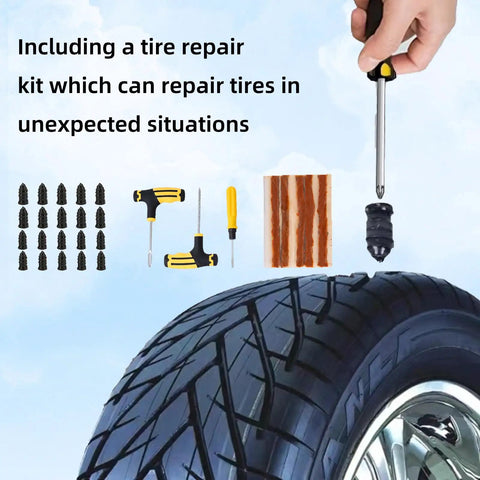 Tesla Jack Pads Set For Model Y 3 S X With Four Durable Rubber Pucks And Storage Case Lifting Pad Kit For 2016 To 2026 Teslas Includes Tire Repair Tools next to a car tire with repair tools displayed.