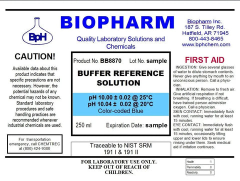 Label of pH Calibration Buffer Set 4.00 7.00 10.00 3 Pack, 250 mL Bottles, NIST Calibrated Color Coded, Lab Grade