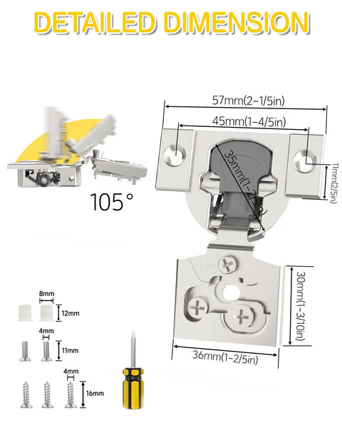 Detailed dimensions of Twenty Pack Heavy Duty Soft Close Cabinet Hinges for half inch overlay face frame doors with screws and screwdriver.