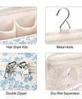 Quilted Hair Tools Travel Bag With Hanging Hook, showing metal hook, dry-wet separation pocket, double zipper, and dryer compartments.