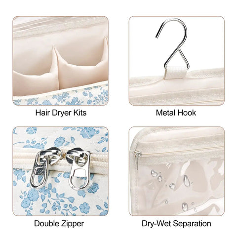 Quilted Hair Tools Travel Bag With Hanging Hook, showing metal hook, dry-wet separation pocket, double zipper, and dryer compartments.