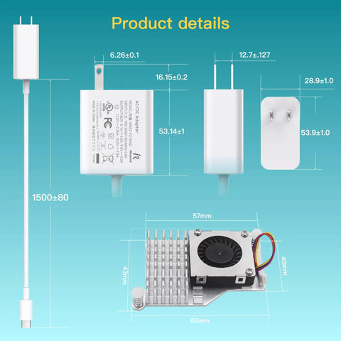 Dimensions of Raspberry Pi 5 Starter Kit With 4GB RAM, 27W PD Power Supply, Active Cooler components in detail.