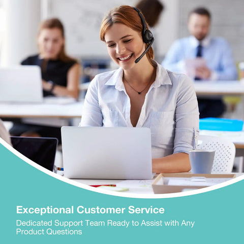 Customer service representative wearing headset at laptop in office setting, providing assistance for product queries.