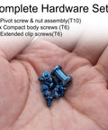 Hella Tough Titanium Torx Screw Set And Drop In Hardware Kit For Benchmade Bugout Replacement Parts with T10 pivot and T6 screws in hand.