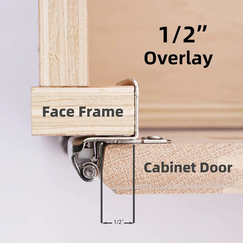 Half Inch Overlay Full Wrap Cabinet Hinges For Kitchen Self Closing Satin Brushed Nickel Finish showing 1/2" overlay on door