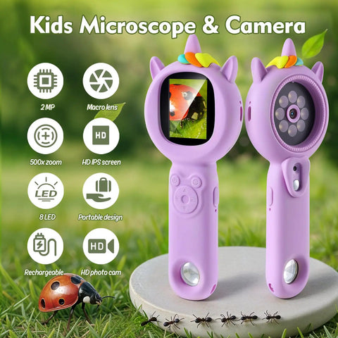 500X Handheld Microscope For Curious Explorers With Dual Camera, Switch Between Microscope And Photo Modes, Capture Clear Photos Or Short Videos For Homework, TF Card Required, Purple Finish For Dope Learning, purple kids handheld microscope with 2-inch screen