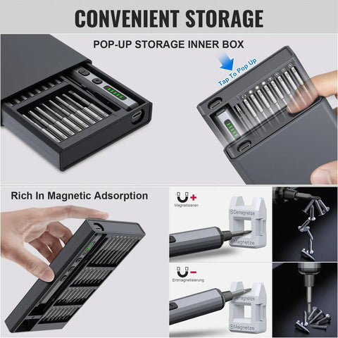 Mini Electric Screwdriver 3.7V Cordless Precision Set Rechargeable 72 In 1 Magnetic Bit Tech Tool Kit with storage box and bits.