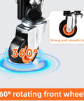 Folding hand truck with silver steel frame and orange 360-degree rotating front wheel