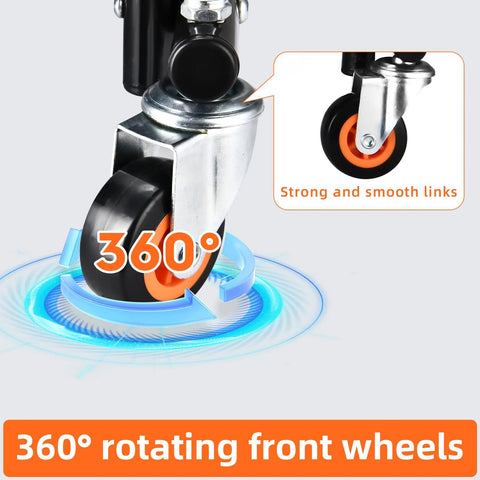 Folding hand truck with silver steel frame and orange 360-degree rotating front wheel