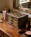 Decorative dresser with vintage antique cabinet bail pull handles set of 8 in bronze finish, showcasing Chinese retro cloud design and classic hardware.