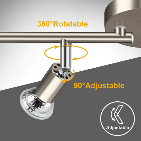 360-degree rotatable head of 4-Light LED Track Lighting Kit with Flexible Rotatable Heads, 4-Way Ceiling Spotlight In Matte Nickel Finish