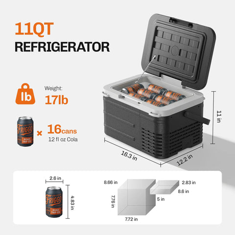 11QT refrigerator holding 16 soda cans, dimensions 16.3 x 12.2 x 11 inches, part of the 12V Portable Car Refrigerator 11 Quart Electric Cooler For Trucks And RVs, 10 Liter, Fast Cooling From -4°F To 68°F, Eco And Max Modes, 12/24V DC And 100-240V AC, Road Trip Ready For Camping.
