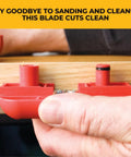 Person using Quad Pro Pneumatic Edge Trimmer With Tungsten Carbide Blades Trims From One Half Inch To One And One Quarter Inch No Springs Attached Trims All Directions Ultra Smooth Action Red Finish on wood edge