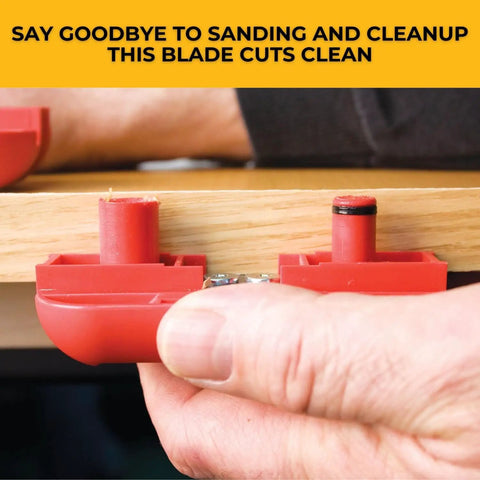 Person using Quad Pro Pneumatic Edge Trimmer With Tungsten Carbide Blades Trims From One Half Inch To One And One Quarter Inch No Springs Attached Trims All Directions Ultra Smooth Action Red Finish on wood edge