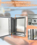 Rock Hard 12x12x8 Inch Stainless Steel Electrical Enclosure Nema 4X IP66 showing locking mechanism and interior details.