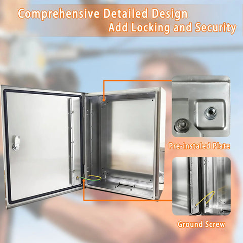 Rock Hard 12x12x8 Inch Stainless Steel Electrical Enclosure Nema 4X IP66 showing locking mechanism and interior details.