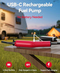 Red Leshein USB-C rechargeable fuel transfer pump, front view with charging cable on wooden table