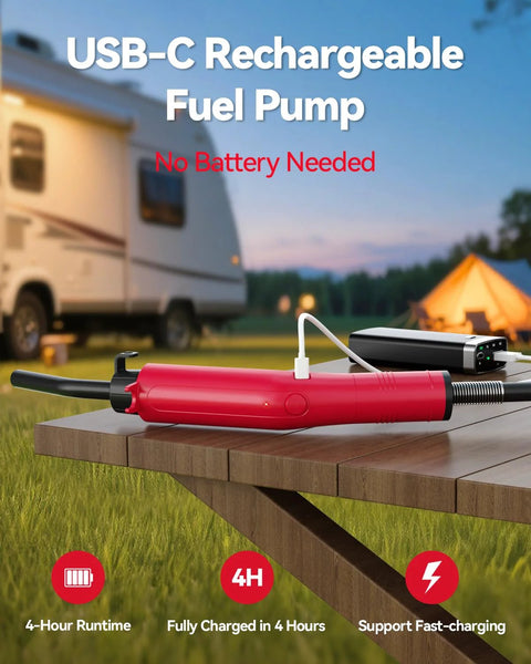 Red Leshein USB-C rechargeable fuel transfer pump, front view with charging cable on wooden table