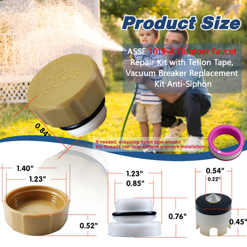 All In One Universal Outdoor Faucet Repair Kit With Teflon Tape Vacuum Breaker Replacement Anti Siphon Frost Free Hose Bib Sillcock Valve One Pack DIY Friendly Easy Install For Leaks And Low Water Flow showing size dimensions and components