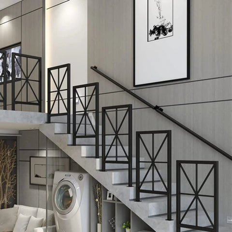 12 Ft Matte Black Wrought Iron Wall Mount Railing Beast Mode Heavy Duty Non Slip Handrail for Stairs Porch Deck Supports 440 Lbs Corrosion Resistant Indoor Outdoor Banister Bad Ass Grip along elegant staircase.
