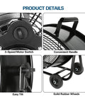 Product details showing 3-speed motor switch, handle, easy tilt feature, and solid rubber wheels of 24 Inch Industrial Drum Fan Moving 8100 Cfm Of Air 3 Speed Heavy Duty Metal Shop Fan For Jobsites Is A Real Deal With Adjustable Tilt Head Top Shelf Build Black.