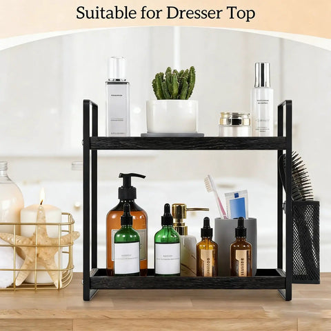 Coffee Station Organizer For Counter With Two Tier Wood Shelves And Three Compartment Pod Storage For Coffee Pods Sugar Tea Bags And Instant Coffee Sleek Black Kitchen Counter Rack holding toiletries and decor items.