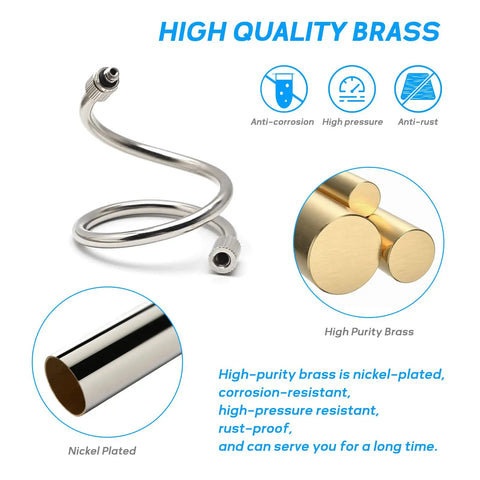 Flexible Brass Mist Nozzle Extensions, 11.5 Inch Bendable Copper Poles, 10 Pack, showing nickel plating and brass composition.