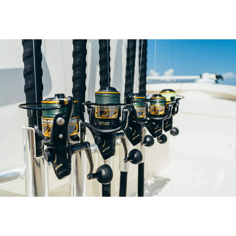 Row of Battle III Inshore Spinning Reels with HT-100 Front Drag, 12 lb max drag, all aluminum construction, black gold finish, saltwater ready
