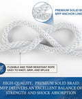Heavy Duty Three Eighths Inch 50 Foot Boat Anchor Rope With Solid Braid MFP Marine Line Including Stainless Steel Thimble And Shackle For Boats Jet Ski Yacht Dock Saltwater Resistant Built Tough And Durable displaying flexibility and tear resistance.