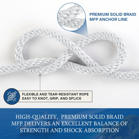 Heavy Duty Three Eighths Inch 50 Foot Boat Anchor Rope With Solid Braid MFP Marine Line Including Stainless Steel Thimble And Shackle For Boats Jet Ski Yacht Dock Saltwater Resistant Built Tough And Durable displaying flexibility and tear resistance.