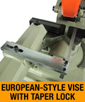 Close-up of European-style vise with taper lock on 14 Inch Variable Speed Cold Saw With A Badass 3HP Direct Drive Motor.