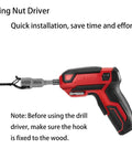 Wing nut driver attaching Outdoor String Light Hanger Kit with 48 Pcs Q Hangers to wooden surface in quick installation process.