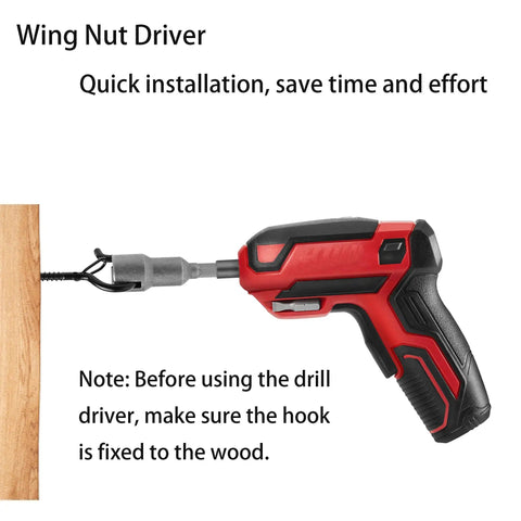 Wing nut driver attaching Outdoor String Light Hanger Kit with 48 Pcs Q Hangers to wooden surface in quick installation process.