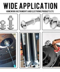 900 Piece Button Head Hex Socket Cap Screw Assortment With M2 M2.5 M3 Bolts Nuts And Washers Premium 304 Stainless Steel Fully Threaded All In One Heavy Duty Hardware Kit Including Hex Wrench For Tough Jobs shown in multiple applications including electronics and machinery.
