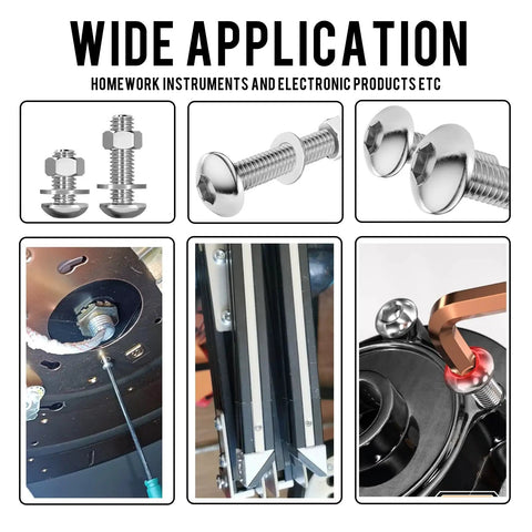 900 Piece Button Head Hex Socket Cap Screw Assortment With M2 M2.5 M3 Bolts Nuts And Washers Premium 304 Stainless Steel Fully Threaded All In One Heavy Duty Hardware Kit Including Hex Wrench For Tough Jobs shown in multiple applications including electronics and machinery.